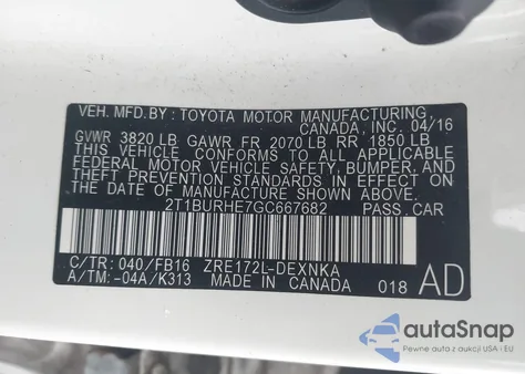 2016 Toyota Corolla Le from USA, damaged, VIN 2T1BURHE7GC667682